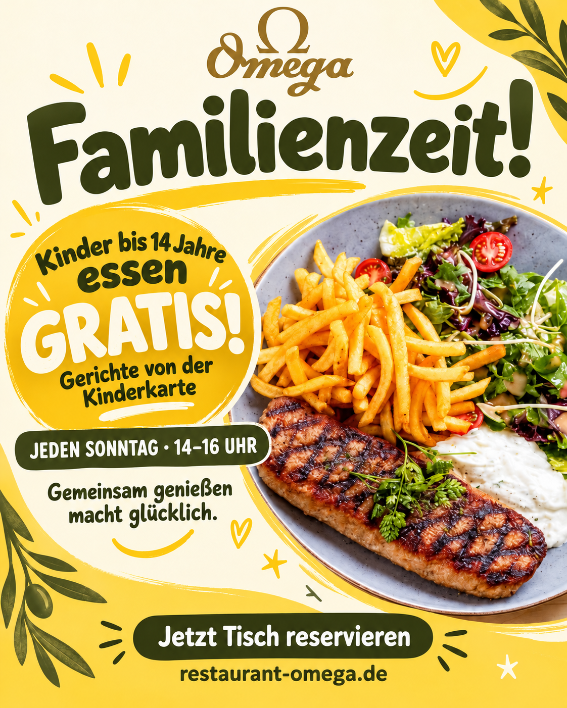 Familienzeit im Restaurant Omega: Kinder essen sonntags von 14 bis 16 Uhr gratis – Bedingungen neben dem Bild